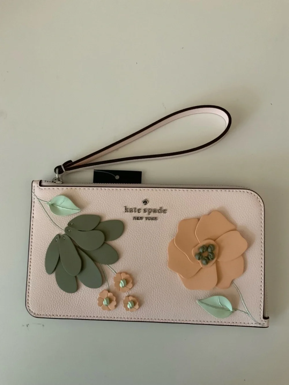 kate spade Pale Peach Floral Appliqué Wristlet with Green Accents NWT
